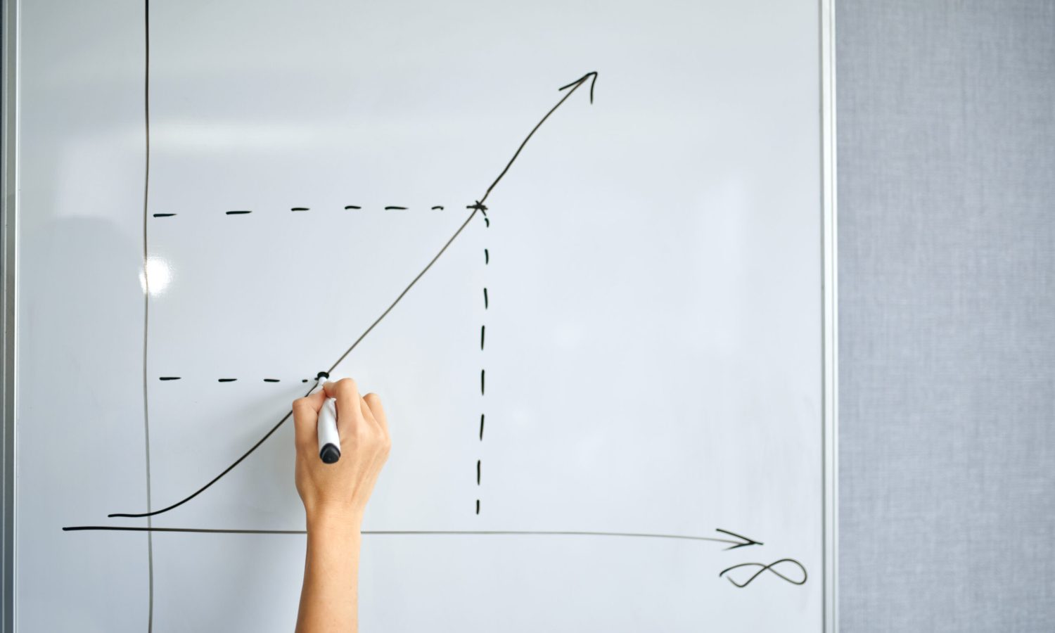 Female IT specialist draws a graph on the board in office. Web programmer or designer at workplace, creative occupation. Modern information technology, corporate team