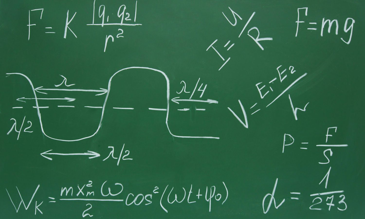 Formulas on the physicist written by a chalk on a school board.